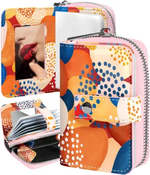 Bistup Credit Card Holder Wallet for Women Ladies Cute Small Teen Girls Female Rfid Leather Cardholder Wallets Organizer Purse Abstract Art Girly Aesthetic Print Unique Zipper