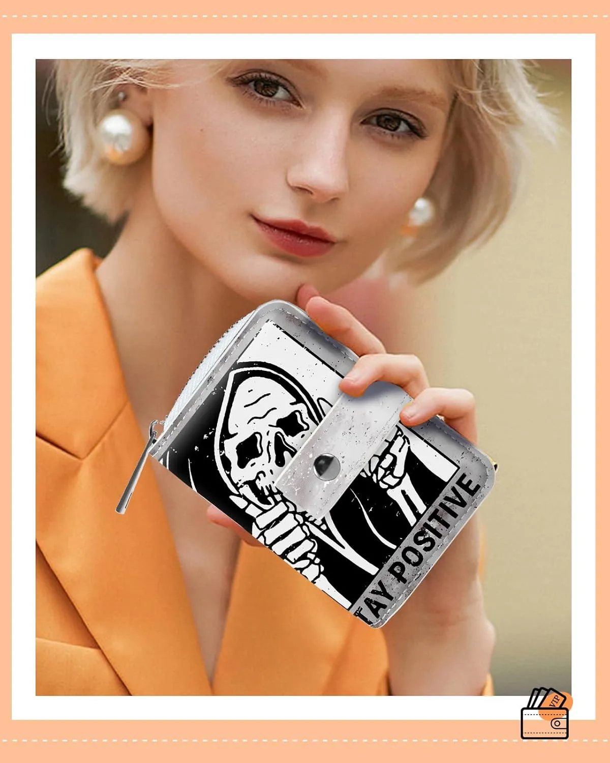 Bistup Credit Card Holder Wallet for Women Ladies Cute Small Teen Girls Female Rfid Leather Cardholder Wallets Organizer Purse Skull Girly Aesthetic Print Unique Zipper