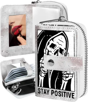 Bistup Credit Card Holder Wallet for Women Ladies Cute Small Teen Girls Female Rfid Leather Cardholder Wallets Organizer Purse Skull Girly Aesthetic Print Unique Zipper