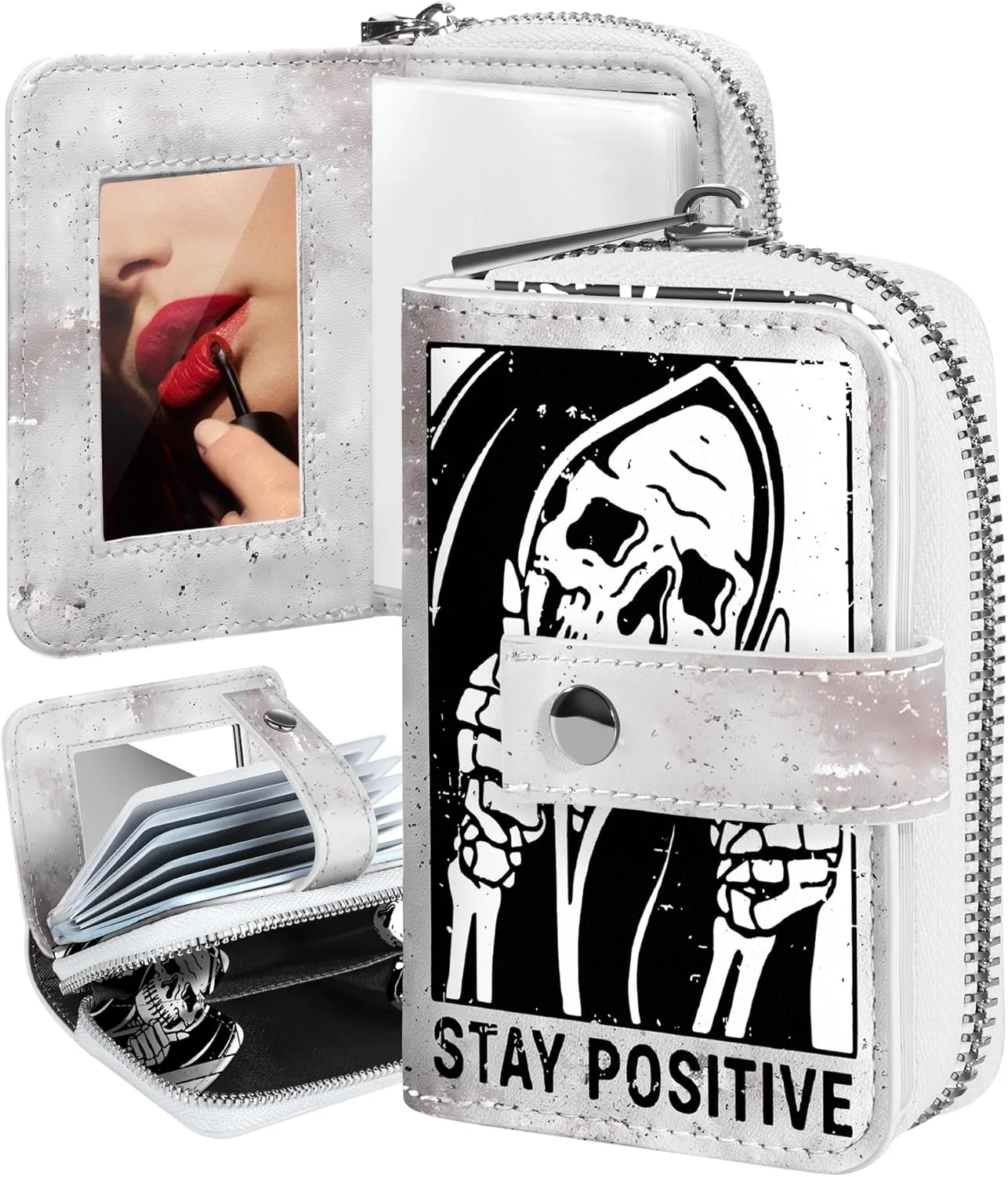 Bistup Credit Card Holder Wallet for Women Ladies Cute Small Teen Girls Female Rfid Leather Cardholder Wallets Organizer Purse Skull Girly Aesthetic Print Unique Zipper
