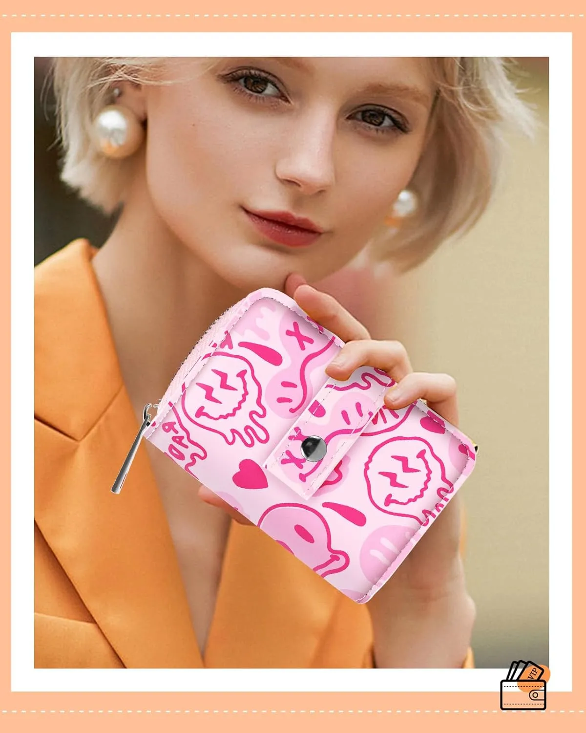 Bistup Credit Card Holder Wallet for Women Ladies Cute Small Teen Girls Female Rfid Leather Cardholder Wallets Organizer Purse Smile Girly Aesthetic Print Unique Zipper