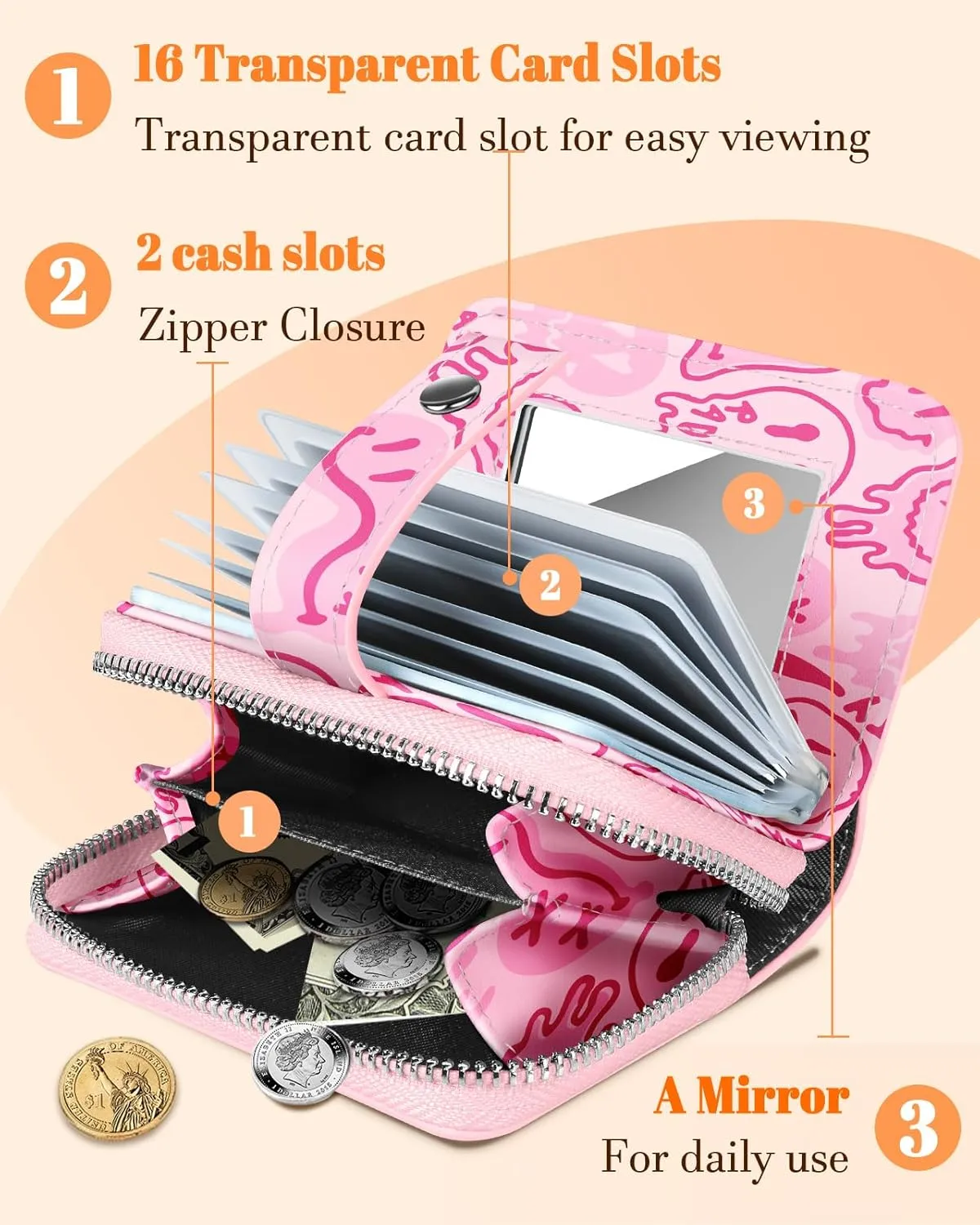 Bistup Credit Card Holder Wallet for Women Ladies Cute Small Teen Girls Female Rfid Leather Cardholder Wallets Organizer Purse Smile Girly Aesthetic Print Unique Zipper