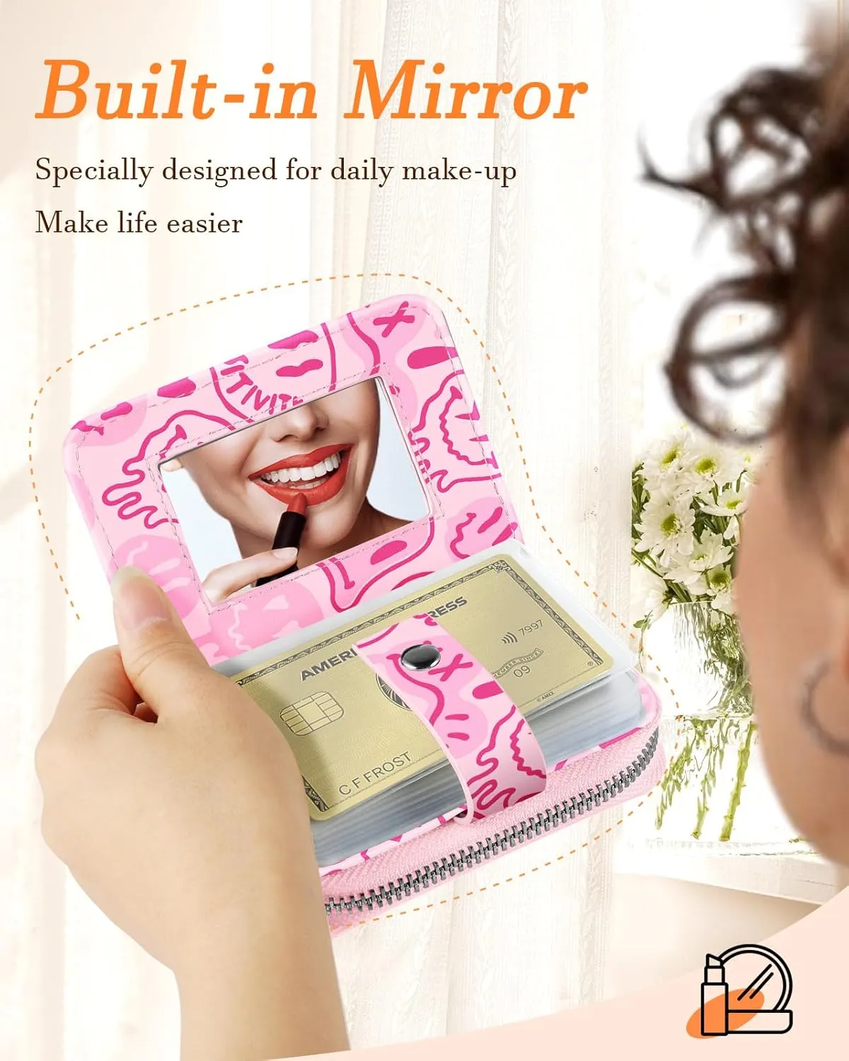 Bistup Credit Card Holder Wallet for Women Ladies Cute Small Teen Girls Female Rfid Leather Cardholder Wallets Organizer Purse Smile Girly Aesthetic Print Unique Zipper