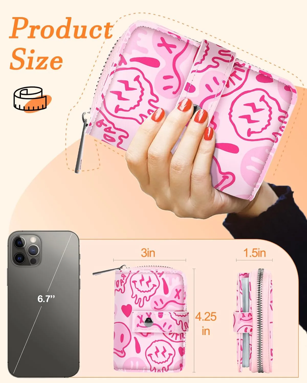 Bistup Credit Card Holder Wallet for Women Ladies Cute Small Teen Girls Female Rfid Leather Cardholder Wallets Organizer Purse Smile Girly Aesthetic Print Unique Zipper