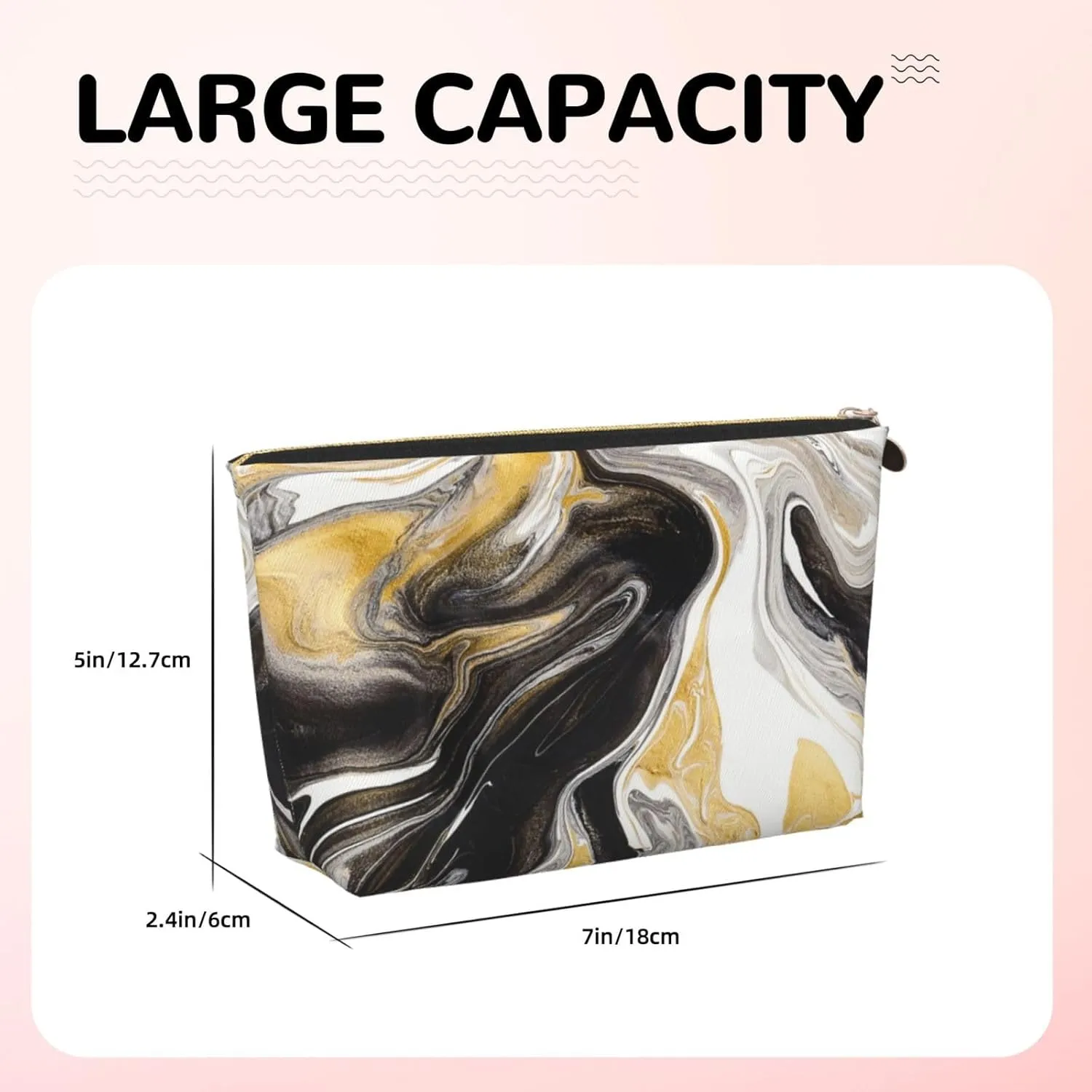 Black and Gold Swirl liquid ink marble Cosmetic Bag Travel Makeup Bag Organizer Toiletry Bag with Zipper Storage Pouch Coin Purse Brushes for Women Girls Gifts