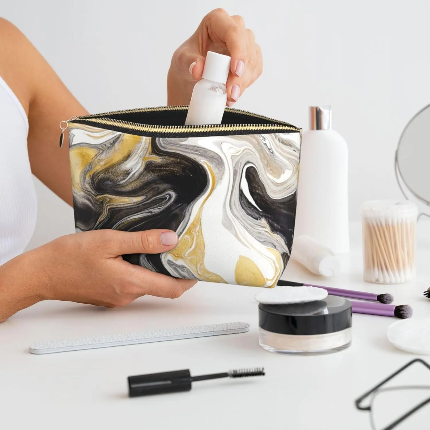 Black and Gold Swirl liquid ink marble Cosmetic Bag Travel Makeup Bag Organizer Toiletry Bag with Zipper Storage Pouch Coin Purse Brushes for Women Girls Gifts