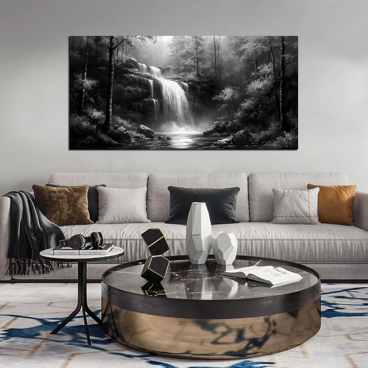 Black and White Pictures Wall Art for Bedroom Waterfall Tree Natural Landscape Wall Art for Living Room Large Size 29 x 59 Inch