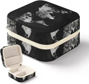 Black and White Retro World-Map Jewelry Organizer PU Leather Travel Jewelry Case Portable Jewelry Storage Holder Boxes
