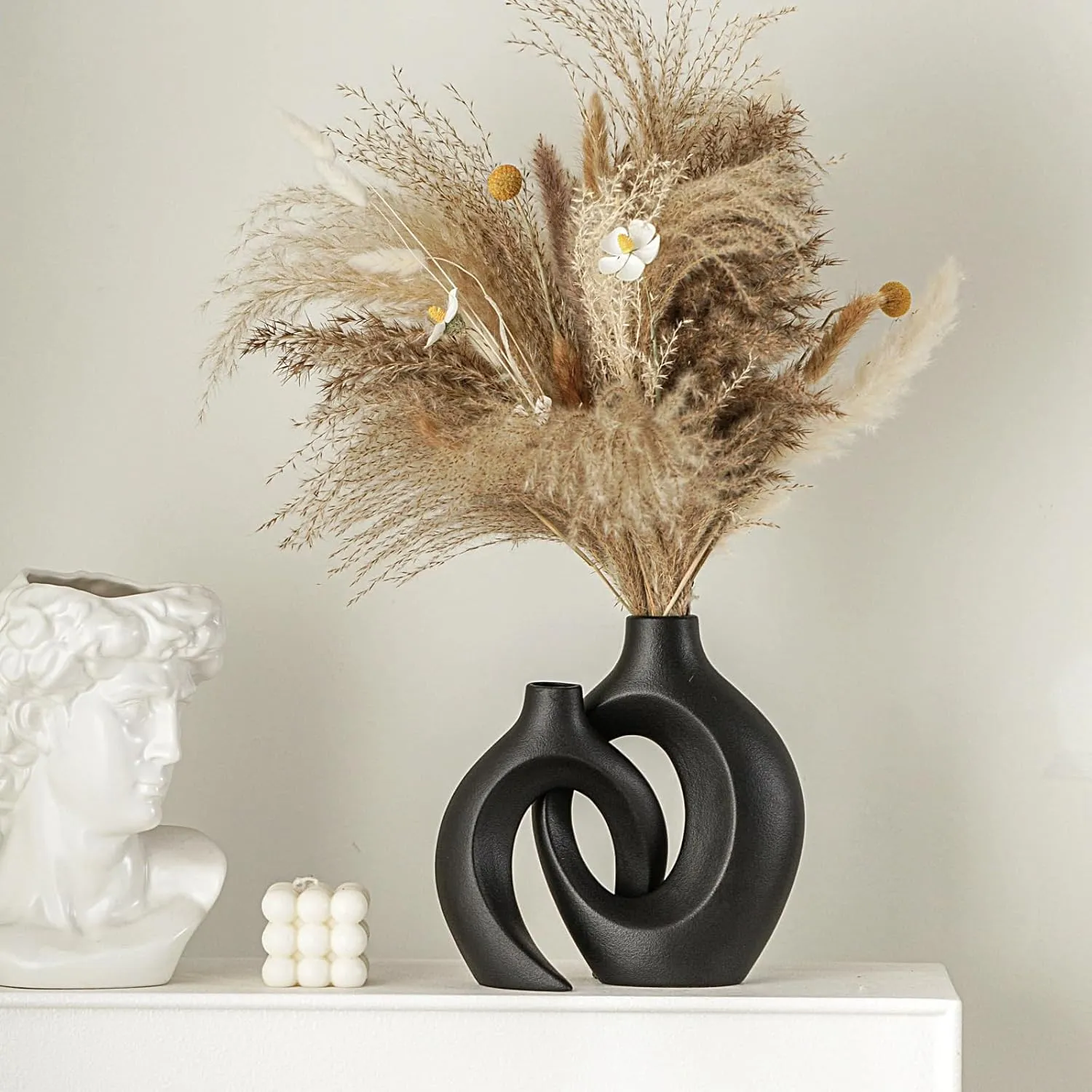 Black Hollow Ceramic Vase Set of 2, Snuggle Round Boho Donut Modern Vase Nordic Minimalist Decorative Vase for Modern Trendy Home Table Centerpiece Decor (W 6.3" X H 8")