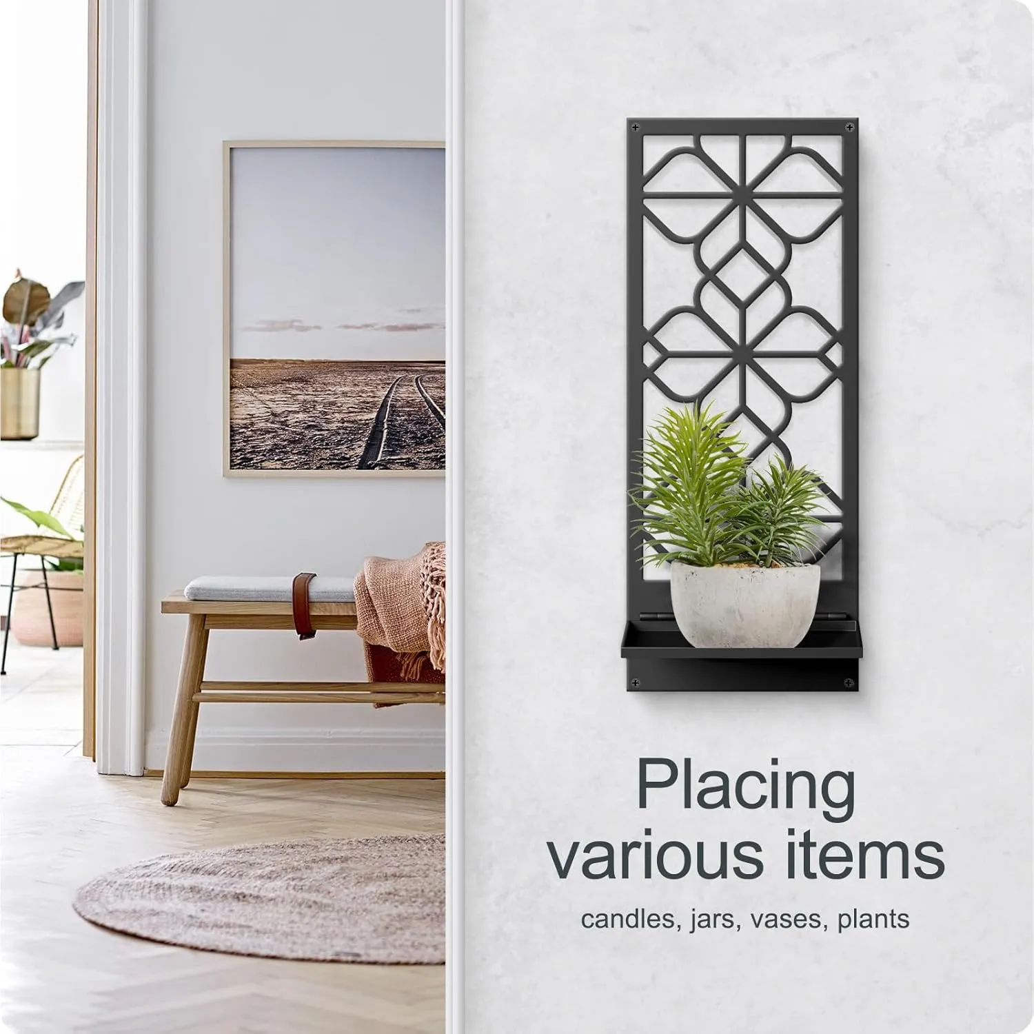 Black Metal Wall Decor, Minimalist Retro Wall Art, Wall Candle Holder, Farmhouse Rustic Bathroom Wall Art, Aesthetics Wall Hanging for Living Room Bedroom Bathroom (2 Pack, 16.5 x 7 in)