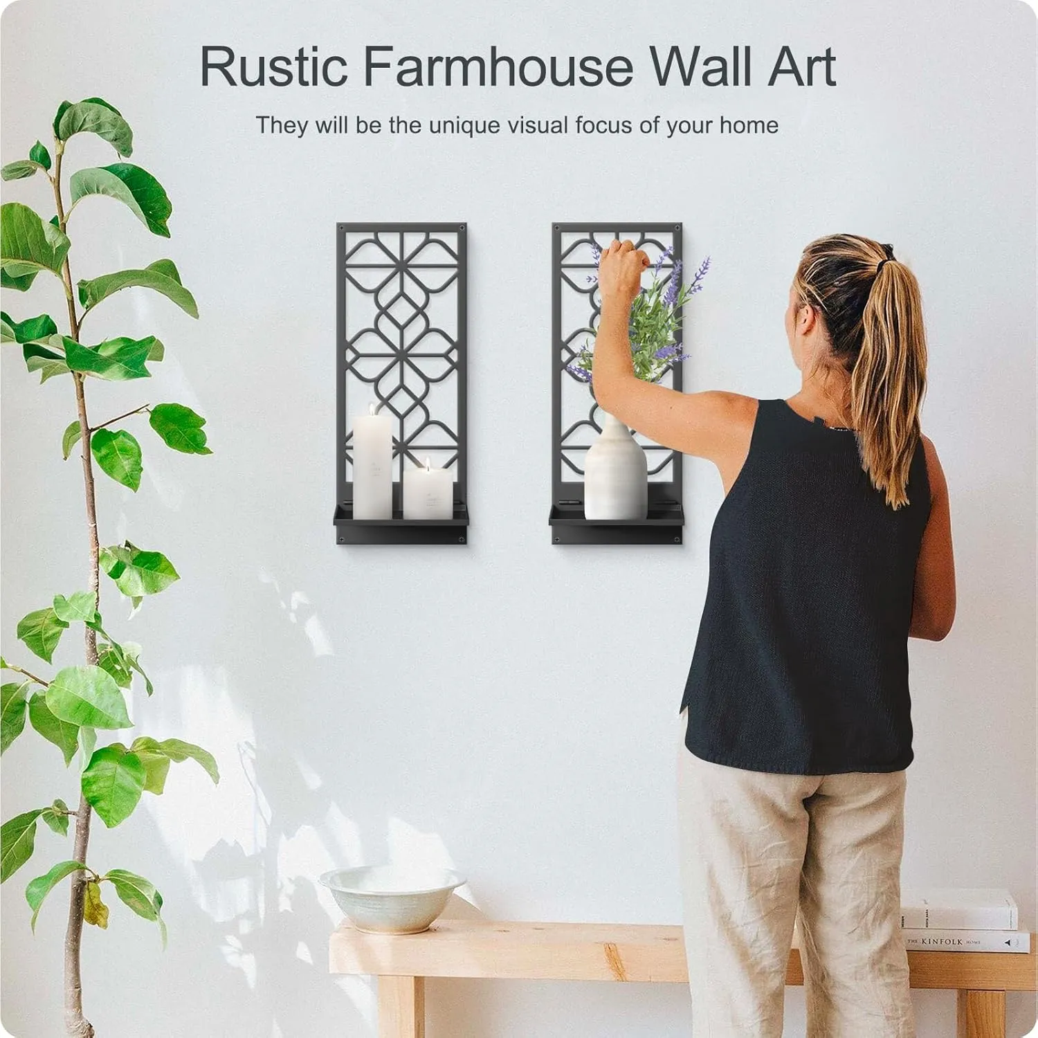 Black Metal Wall Decor, Minimalist Retro Wall Art, Wall Candle Holder, Farmhouse Rustic Bathroom Wall Art, Aesthetics Wall Hanging for Living Room Bedroom Bathroom (2 Pack, 16.5 x 7 in)