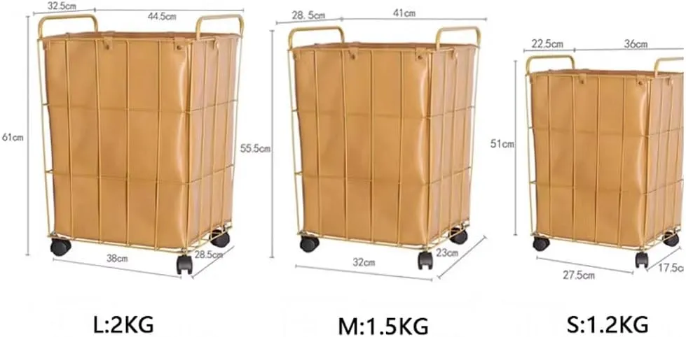 Blanket Rolling Laundry Hamper on Wheels Iron Wire Frame w/Removable Leather Inner Bag Heavy Duty Laundry Basket Dirty Clothes Cart Sorter Bathroom Organizer Toy Washing Bin