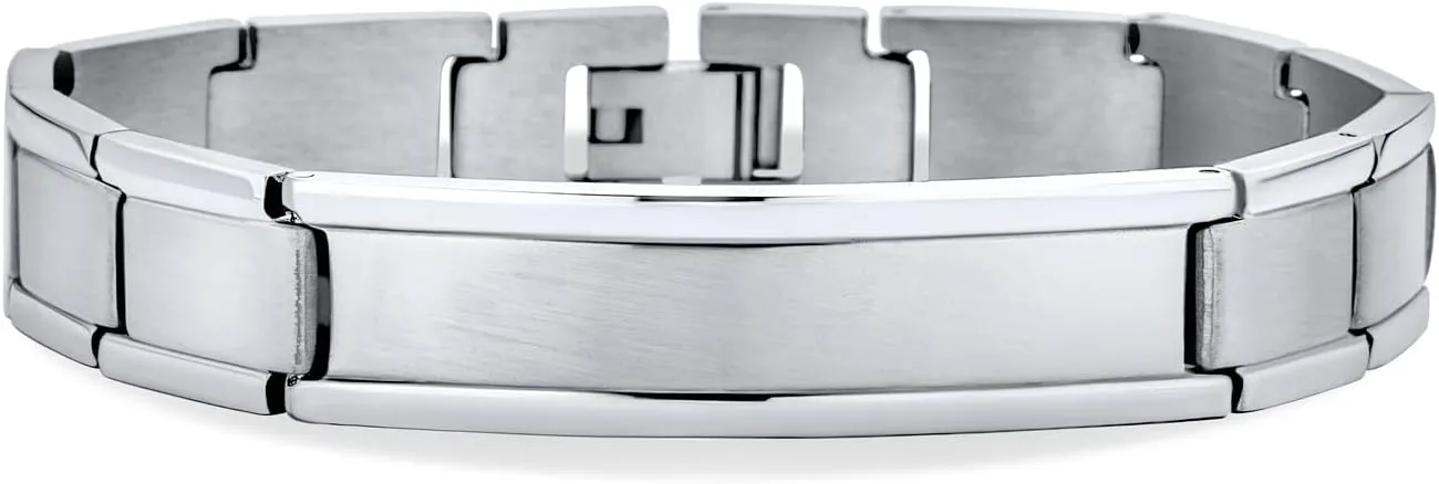 Bling Jewelry Personalize Customizable Silver Tone Stainless Steel ID Bracelet Watchband Name Plated Identification for Men Sizes 8 8.5