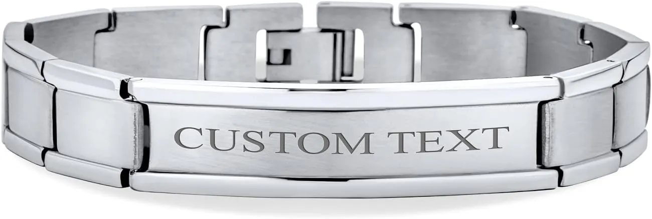 Bling Jewelry Personalize Customizable Silver Tone Stainless Steel ID Bracelet Watchband Name Plated Identification for Men Sizes 8 8.5