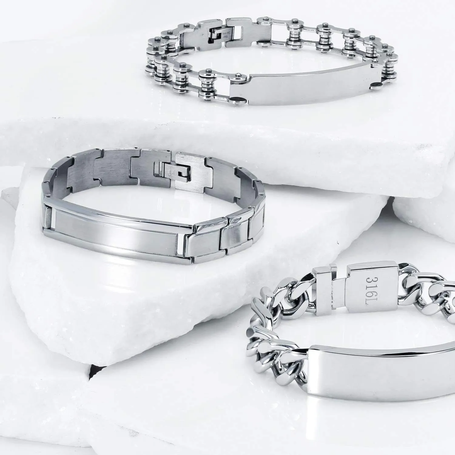 Bling Jewelry Personalize Customizable Silver Tone Stainless Steel ID Bracelet Watchband Name Plated Identification for Men Sizes 8 8.5