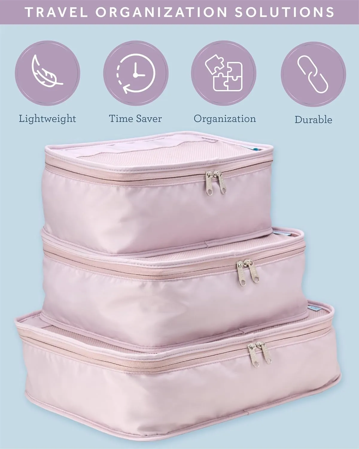Bliss Packing Cubes for Travel - 3 Piece Durable Compact Luggage Travel Organizer Set for Laundry, Toiletry, and Cosmetics, Mauve