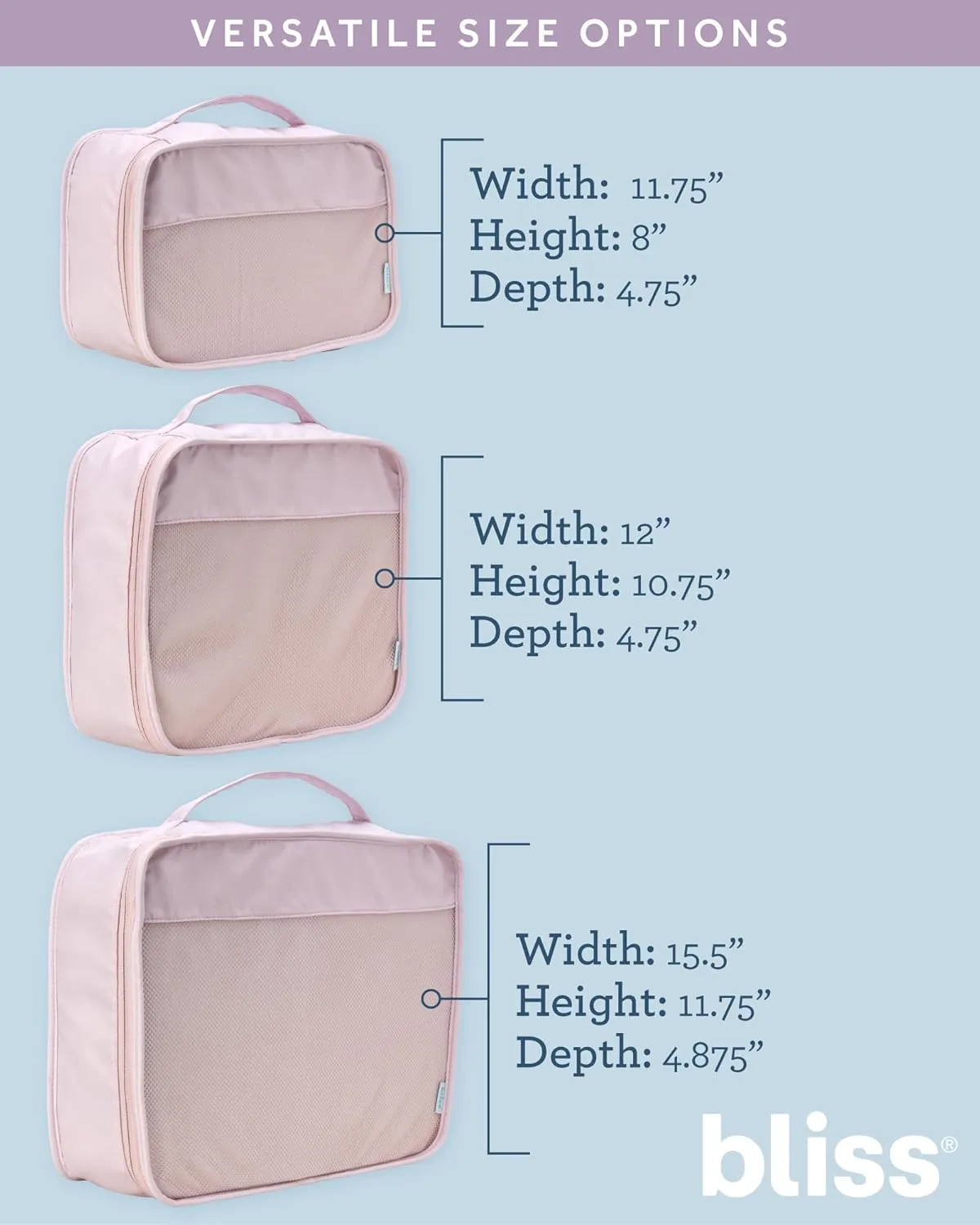 Bliss Packing Cubes for Travel - 3 Piece Durable Compact Luggage Travel Organizer Set for Laundry, Toiletry, and Cosmetics, Mauve