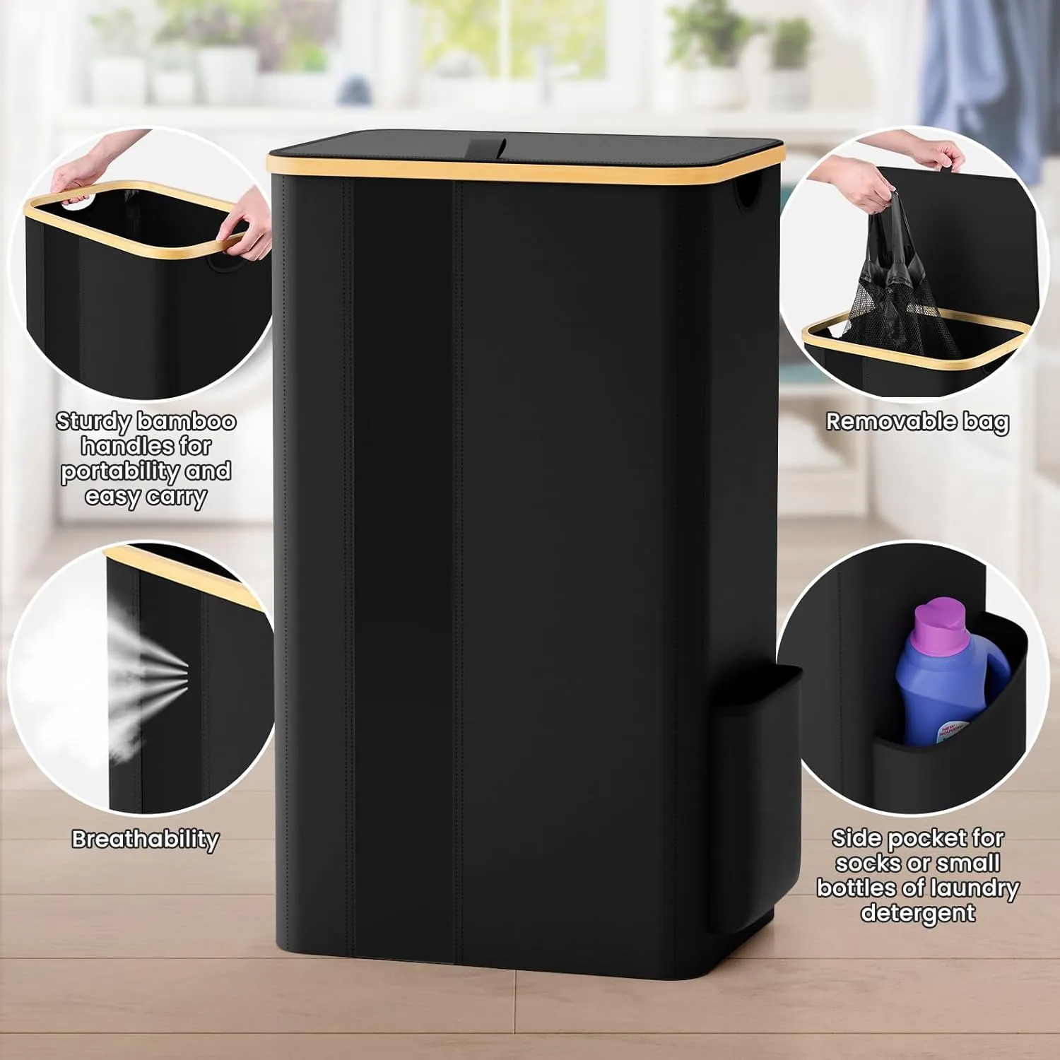 BlissTotes Laundry Basket with Lid, 100L Clothes Laundry Hamper with Handles and Removable Laundry Bag, Breathable Design Hamper with Lid for Bedroom, Bathroom, Dorm, Laundry Room - Black
