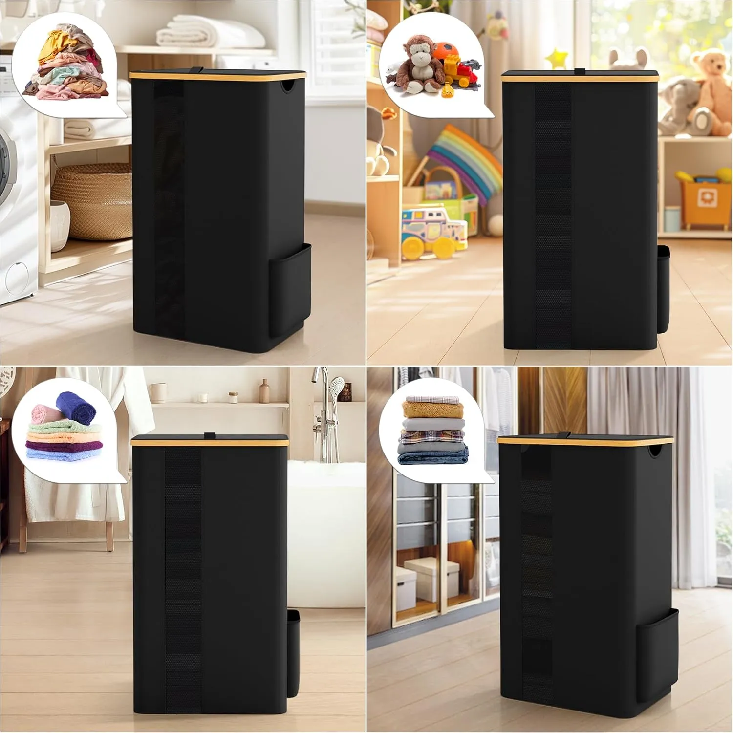 BlissTotes Laundry Basket with Lid, 100L Clothes Laundry Hamper with Handles and Removable Laundry Bag, Breathable Design Hamper with Lid for Bedroom, Bathroom, Dorm, Laundry Room - Black