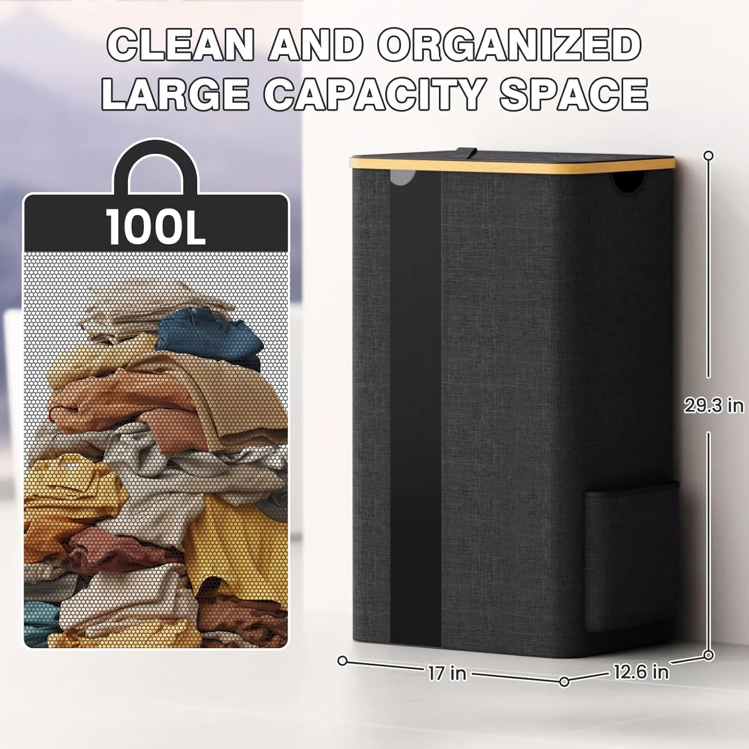 BlissTotes Laundry Basket with Lid, 100L Clothes Laundry Hamper with Handles and Removable Laundry Bag, Breathable Design Hamper with Lid for Bedroom, Bathroom, Dorm, Laundry Room - Dark Grey