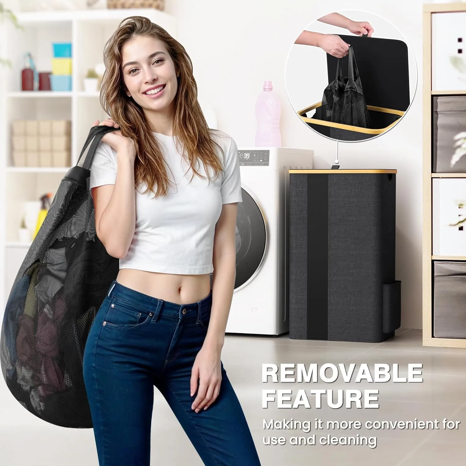 BlissTotes Laundry Basket with Lid, 100L Clothes Laundry Hamper with Handles and Removable Laundry Bag, Breathable Design Hamper with Lid for Bedroom, Bathroom, Dorm, Laundry Room - Dark Grey