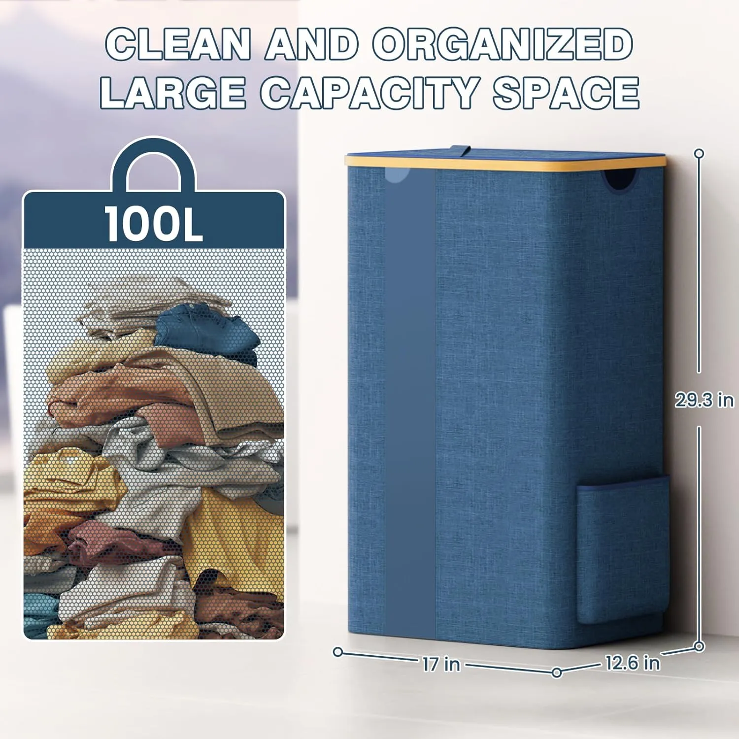 BlissTotes Laundry Basket with Lid, 100L Clothes Laundry Hamper with Handles and Removable Laundry Bag, Breathable Design Hamper with Lid for Bedroom, Bathroom, Dorm, Laundry Room - Light Blue