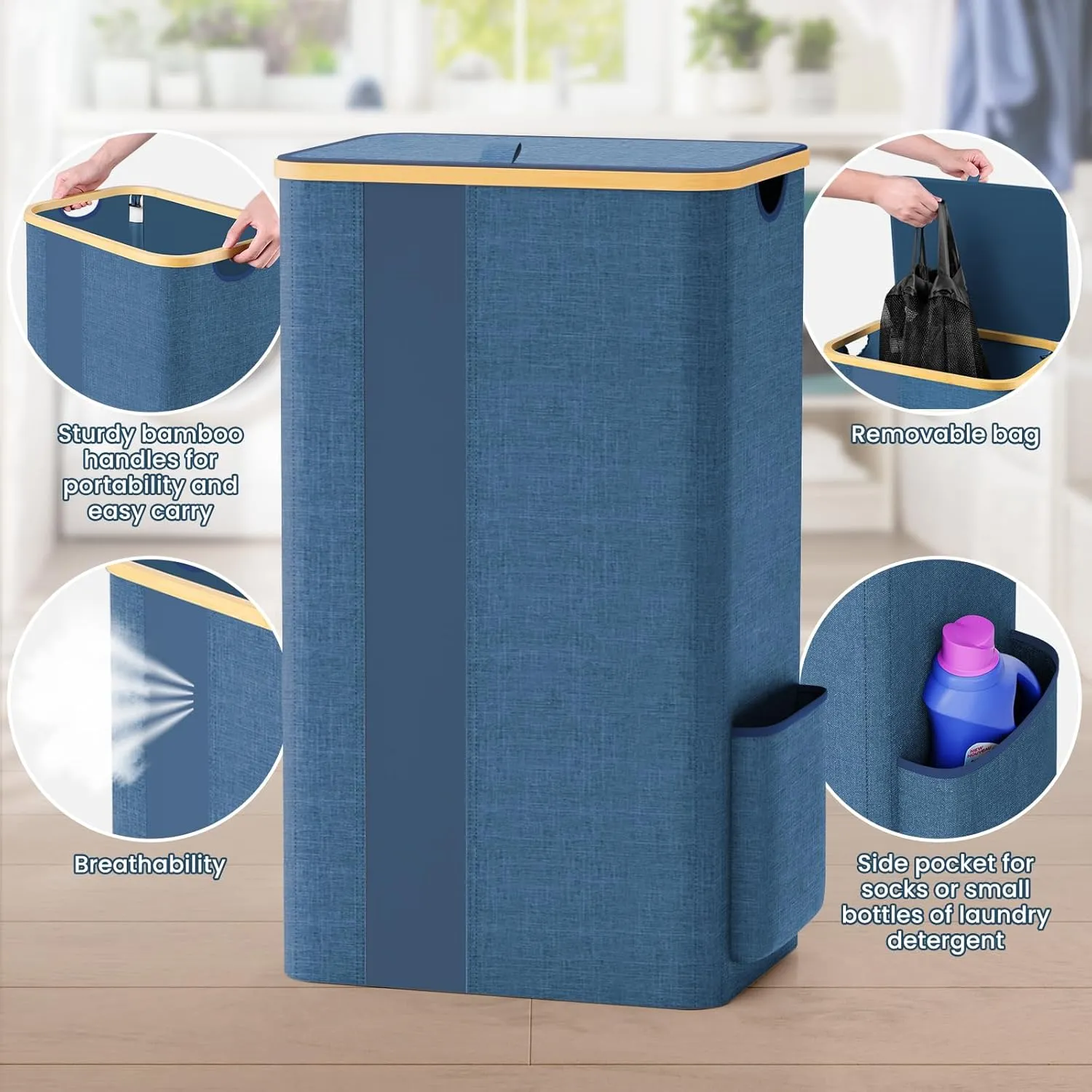 BlissTotes Laundry Basket with Lid, 100L Clothes Laundry Hamper with Handles and Removable Laundry Bag, Breathable Design Hamper with Lid for Bedroom, Bathroom, Dorm, Laundry Room - Light Blue