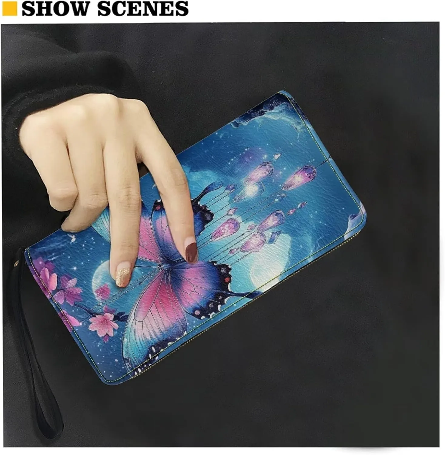 Blue Butterfly Moon Wallets Women Leather Purse with Coin Pocket Around Zipper Wristlet Card Holder Clutch Organizer
