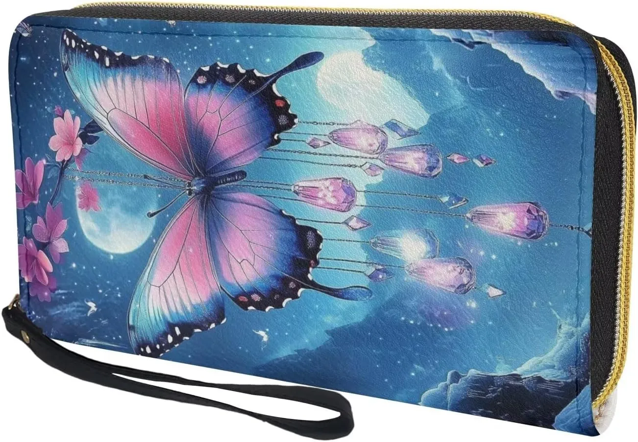 Blue Butterfly Moon Wallets Women Leather Purse with Coin Pocket Around Zipper Wristlet Card Holder Clutch Organizer