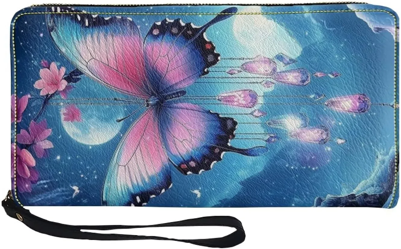 Blue Butterfly Moon Wallets Women Leather Purse with Coin Pocket Around Zipper Wristlet Card Holder Clutch Organizer
