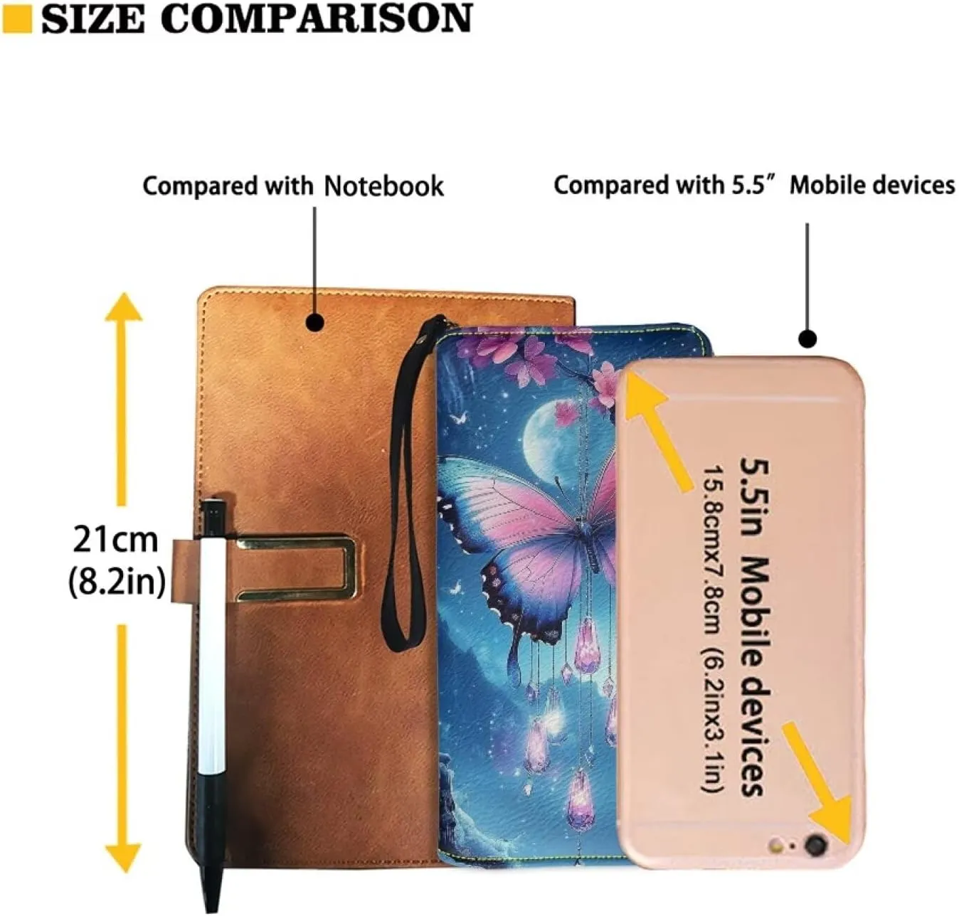 Blue Butterfly Moon Wallets Women Leather Purse with Coin Pocket Around Zipper Wristlet Card Holder Clutch Organizer