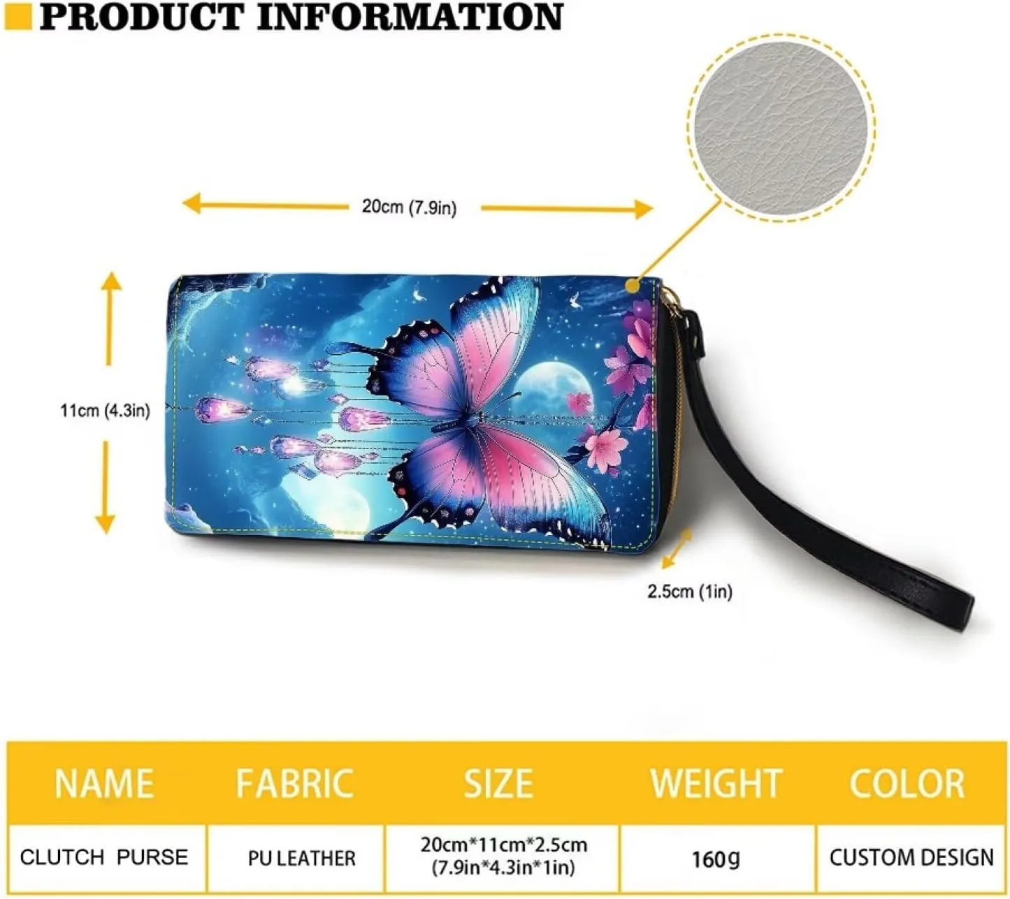 Blue Butterfly Moon Wallets Women Leather Purse with Coin Pocket Around Zipper Wristlet Card Holder Clutch Organizer