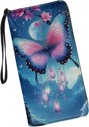 Blue Butterfly Moon Wallets Women Leather Purse with Coin Pocket Around Zipper Wristlet Card Holder Clutch Organizer