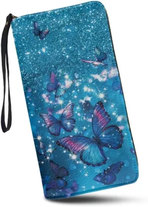 Blue Butterfly Wallet for Womens Leather RFID Blocking Design Zip Around Card Holder Organizer Ladies Travel Clutch Wristlet