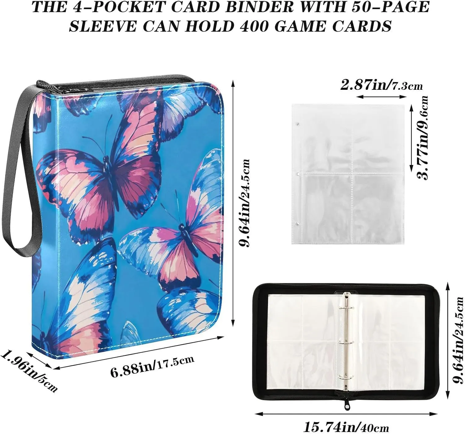 Blue Colorful Butterflies Card Holder for Binder, Card Binder Zipper Fits 400 Cards for Baseball Card, Football Card