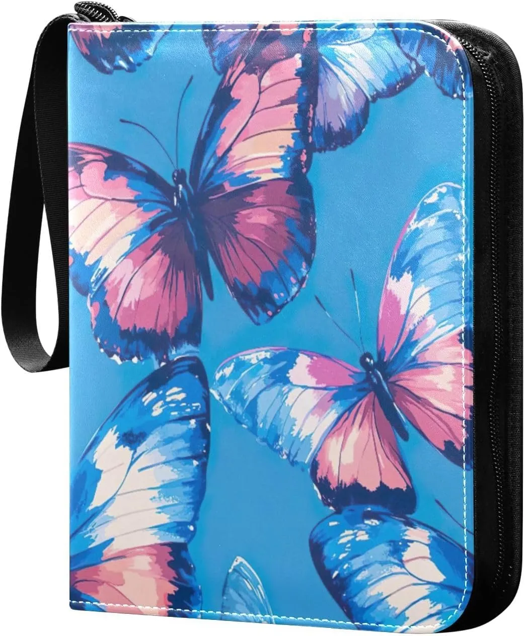 Blue Colorful Butterflies Card Holder for Binder, Card Binder Zipper Fits 400 Cards for Baseball Card, Football Card
