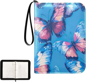 Blue Colorful Butterflies Card Holder for Binder, Card Binder Zipper Fits 400 Cards for Baseball Card, Football Card