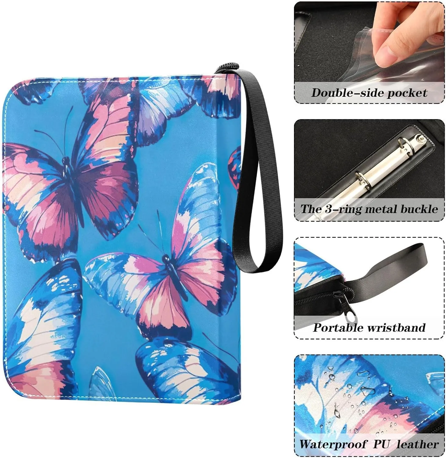 Blue Colorful Butterflies Card Holder for Binder, Card Binder Zipper Fits 400 Cards for Baseball Card, Football Card