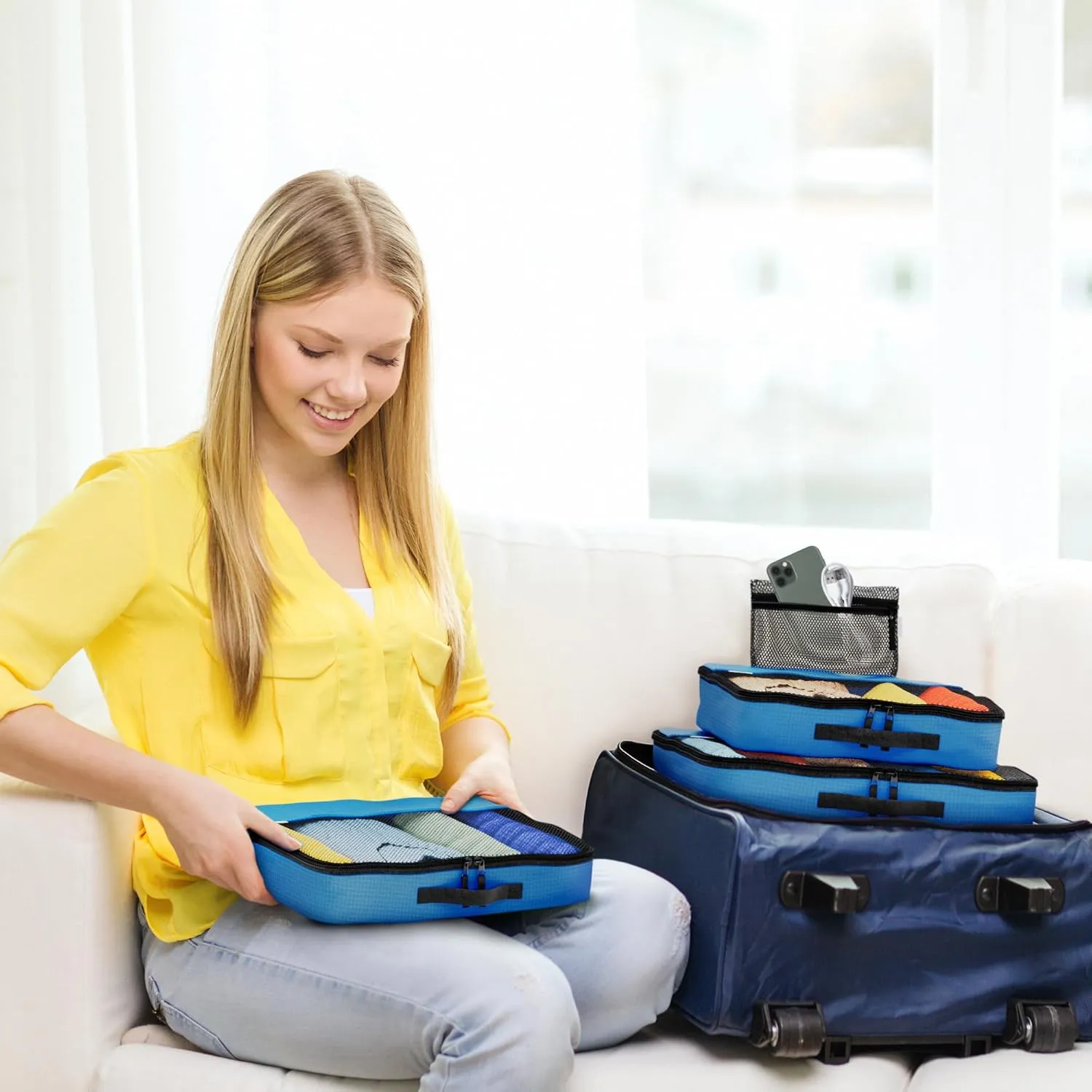 Blue packing cubes for suitcases. Travel storage organiser bags 5 pcs