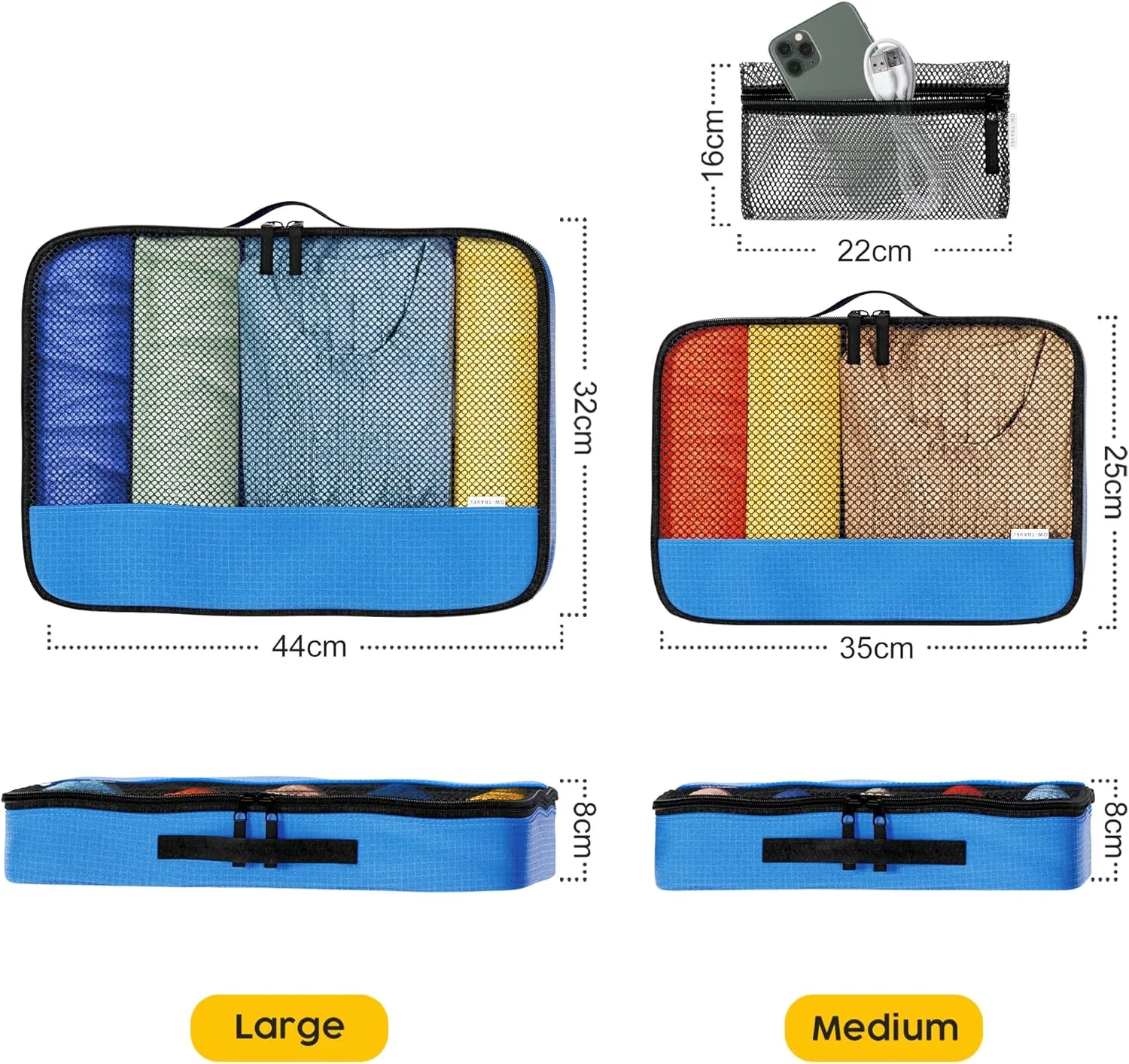 Blue packing cubes for suitcases. Travel storage organiser bags 5 pcs