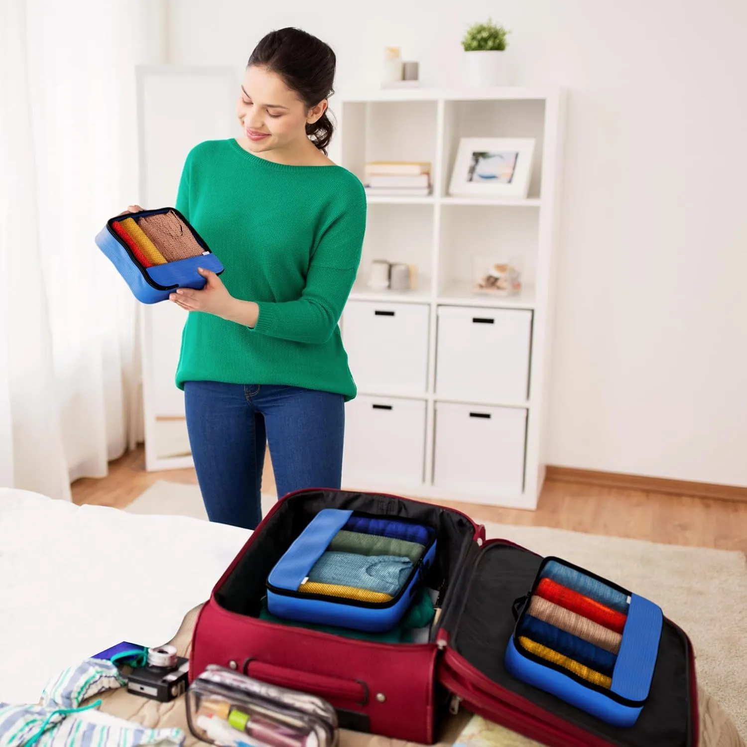 Blue packing cubes for suitcases. Travel storage organiser bags 5 pcs