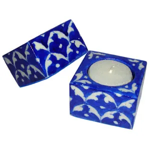 Blue Pottery Candle Holder Set - Blue and White Design