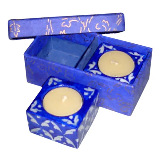 Blue Pottery Candle Holder Set - Blue and White Design