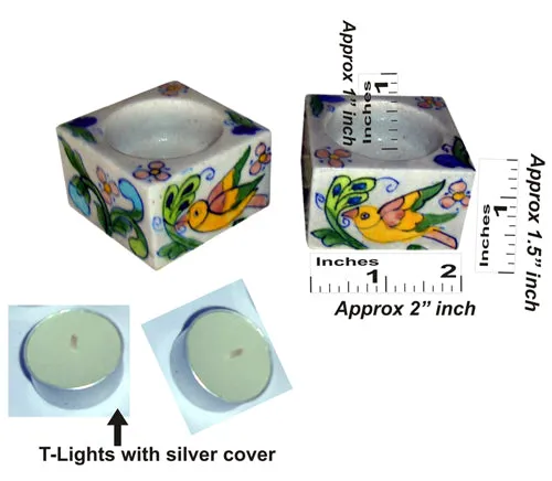 Blue Pottery Candle Holder Set - Pink, Yellow, Green, Blue and Turquoise Bird and Flowers