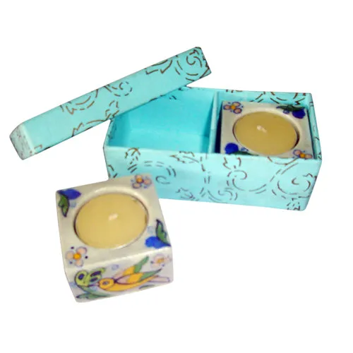 Blue Pottery Candle Holder Set - Pink, Yellow, Green, Blue and Turquoise Bird and Flowers