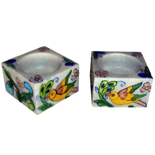 Blue Pottery Candle Holder Set - Pink, Yellow, Green, Blue and Turquoise Bird and Flowers