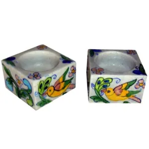 Blue Pottery Candle Holder Set - Pink, Yellow, Green, Blue and Turquoise Bird and Flowers