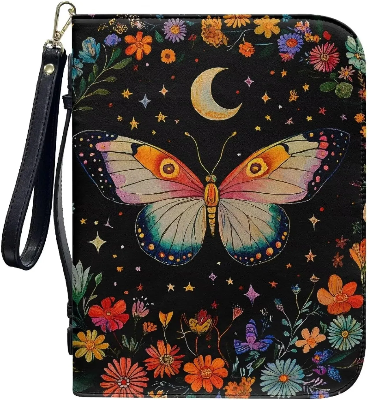 Boho Butterfly Flower Star Moon Print PU Leather Bible Cover for Women Men Multifunctional Bible Book Carrying Case with Pen Slots Bible Study Tools for Daily Use, L