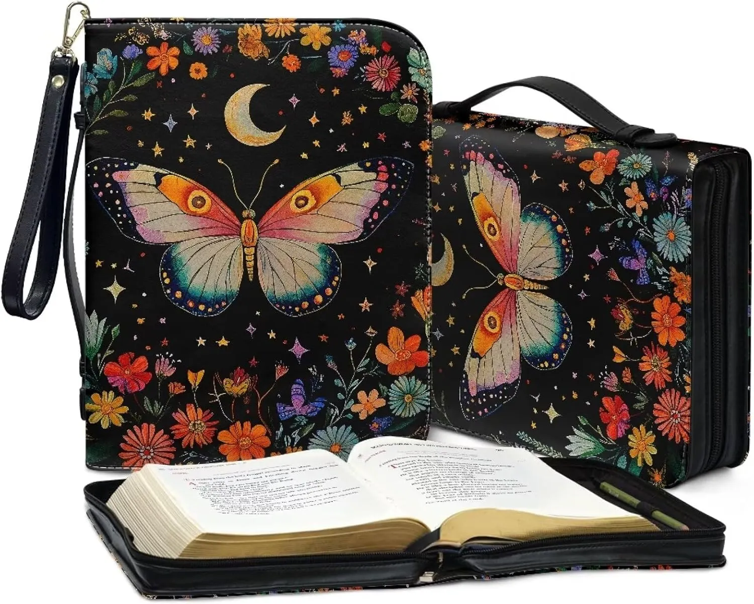 Boho Butterfly Flower Star Moon Print PU Leather Bible Cover for Women Men Multifunctional Bible Book Carrying Case with Pen Slots Bible Study Tools for Daily Use, L