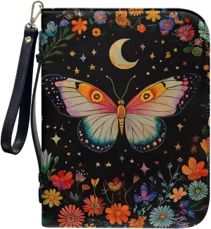 Boho Butterfly Flower Star Moon Print PU Leather Bible Cover for Women Men Multifunctional Bible Book Carrying Case with Pen Slots Bible Study Tools for Daily Use, L